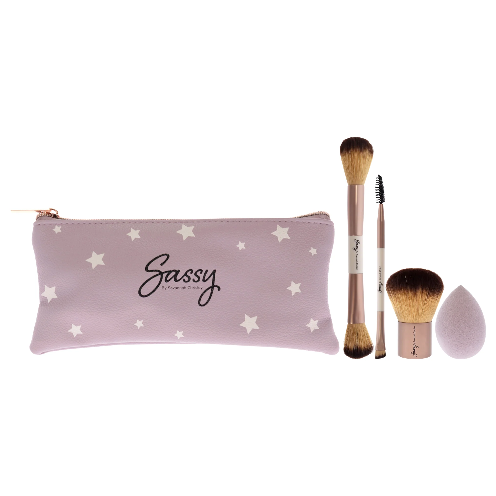 Sassy Brush Kit by Savannah Chrisley for Women - 5 Pc Multi-Purpose Fase Brush - F04, Kabuki Brush - F05, Precision Eye and Brow Brush - E04, Blending Sponge, Bag - Olabens
