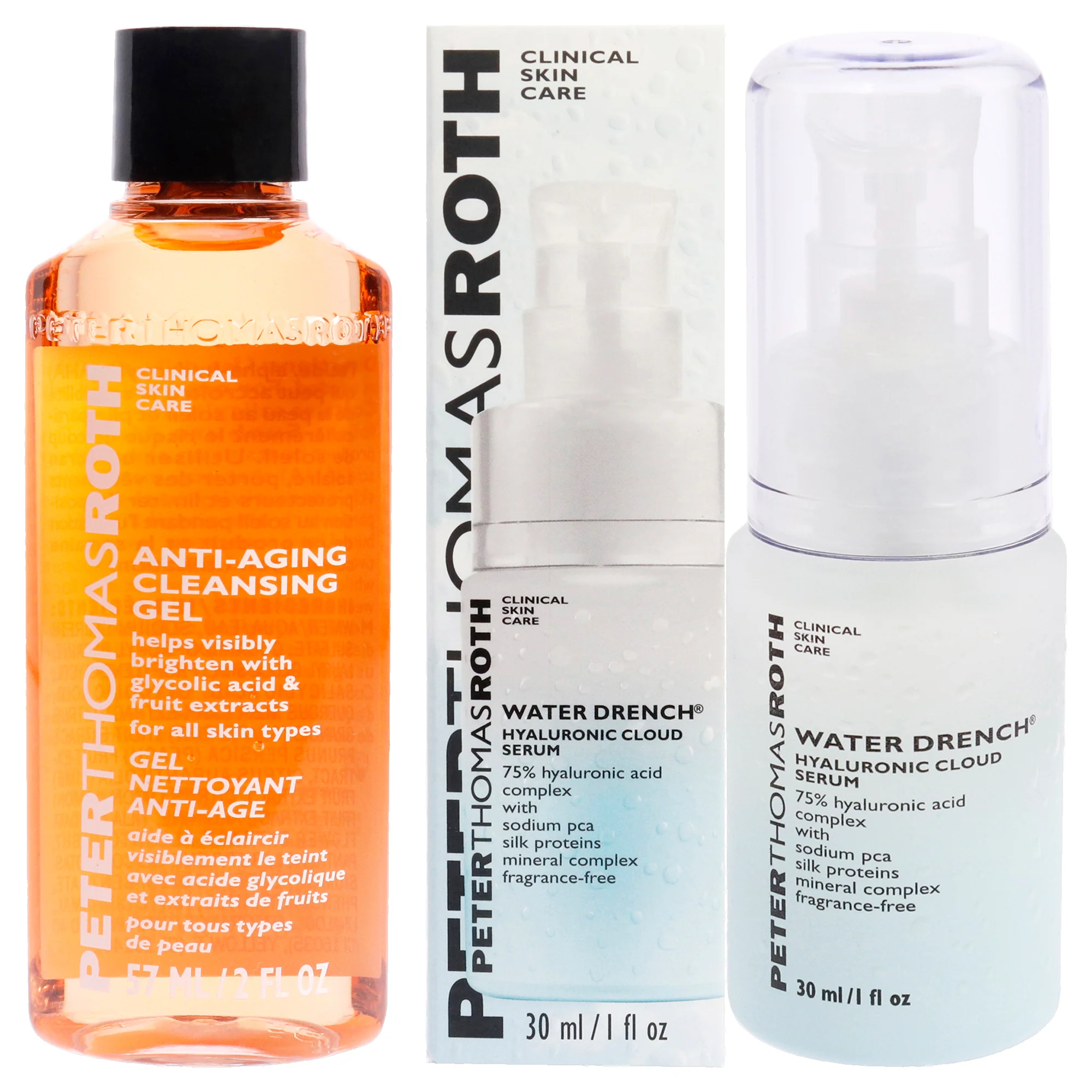 Water Drench Hyaluronic Cloud Serum and Anti-Aging Cleansing Gel Kit by Peter Thomas Roth for Unisex - 2 Pc Kit 1oz Serum, 5 Pc 0.47oz Blue Marine Algae Intense Hydrating Mask, 0.47oz Pumpkin Enzyme Mask Enzymatic Dermal Resurfacer, 0.47oz Irish Moor - Olabens