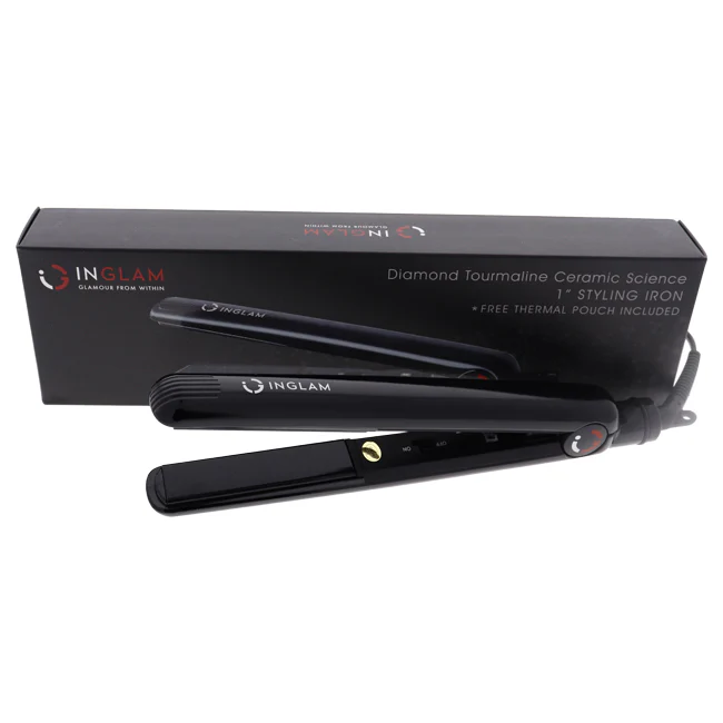 Inglam Diamond Ceramic Tourmaline Flat Iron - HSA061CB Black by Inglam for Unisex - 1 Inch Flat Iron - Olabens