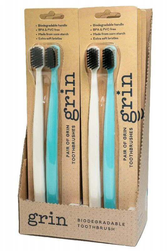 grin Biodegradable Toothbrush Soft Mint & Ivory Twin Pack - Olabens