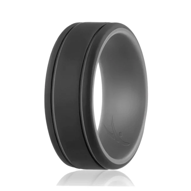 Silicone Wedding Ring - Duo Collection 2 Thin Lines - Grey-Black by ROQ for Men - 12 mm Ring - Olabens