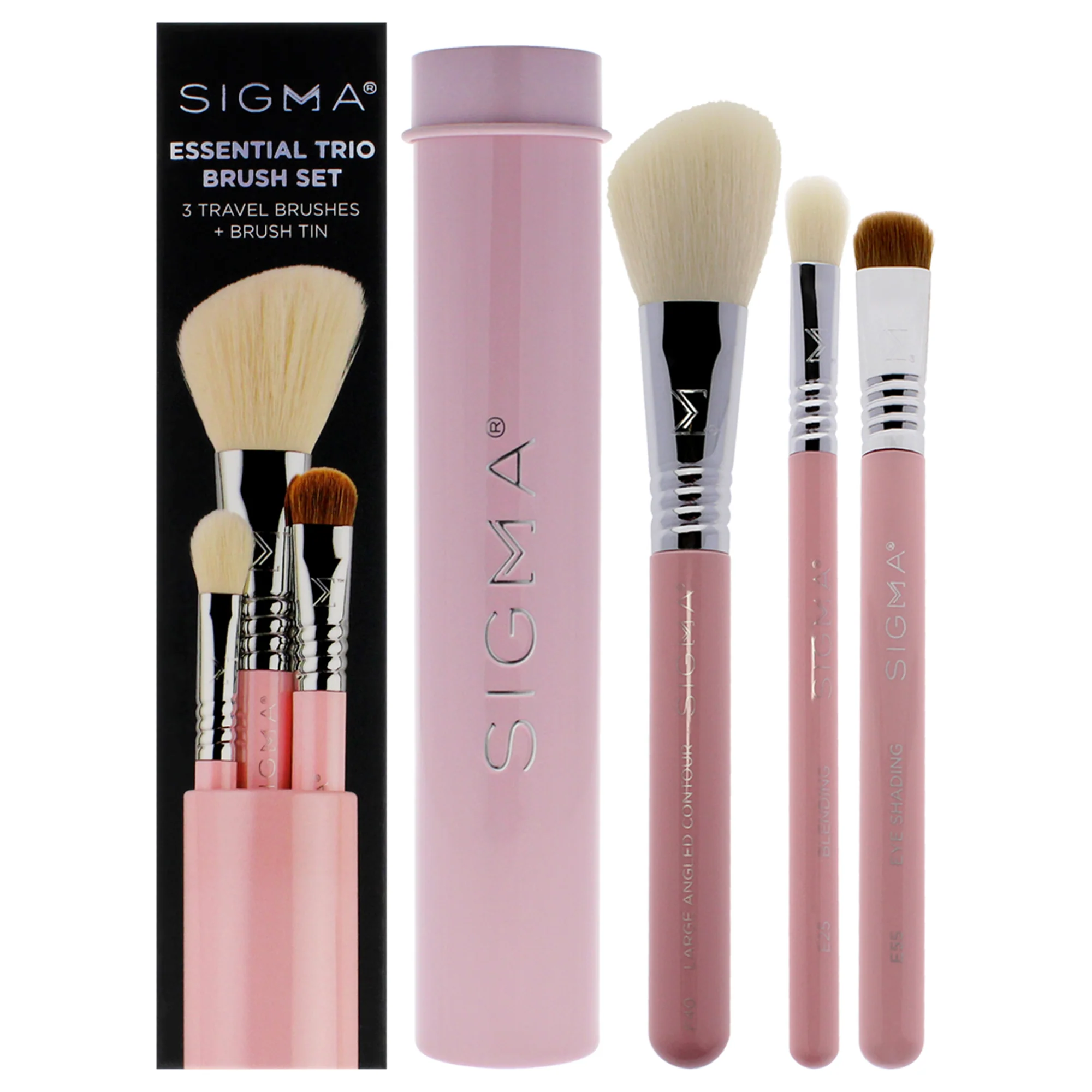 Essential Brush Set - Pink by SIGMA for Women - 4 Pc Eye Shading Brush - E55, Large Angled Contour Brush - F40, Blending Brush - E25, Brush Tin - Olabens