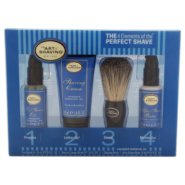 The Art of Shaving The 4 Elements of The Perfect Shave Mid-Size Kit - Lavender by The Art of Shaving for Men - 4 Pc Kit 0.5oz Pre-Shave Oil, 1.0oz Shaving Cream, 0.5oz After Shave Balm, Pure Badger Black Shaving Brush - Olabens