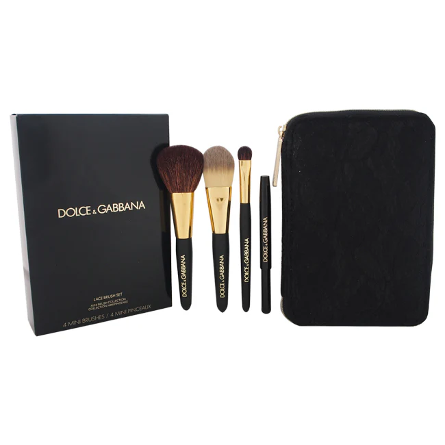 Dolce and Gabbana Lace Mini Brush Set by Dolce and Gabbana for Women - 5 Pc Set Mini Foundation Brush, Mini Blush Brush, Mini Eyeshading Brush, Retractable Lip Brush, Pouch - Olabens