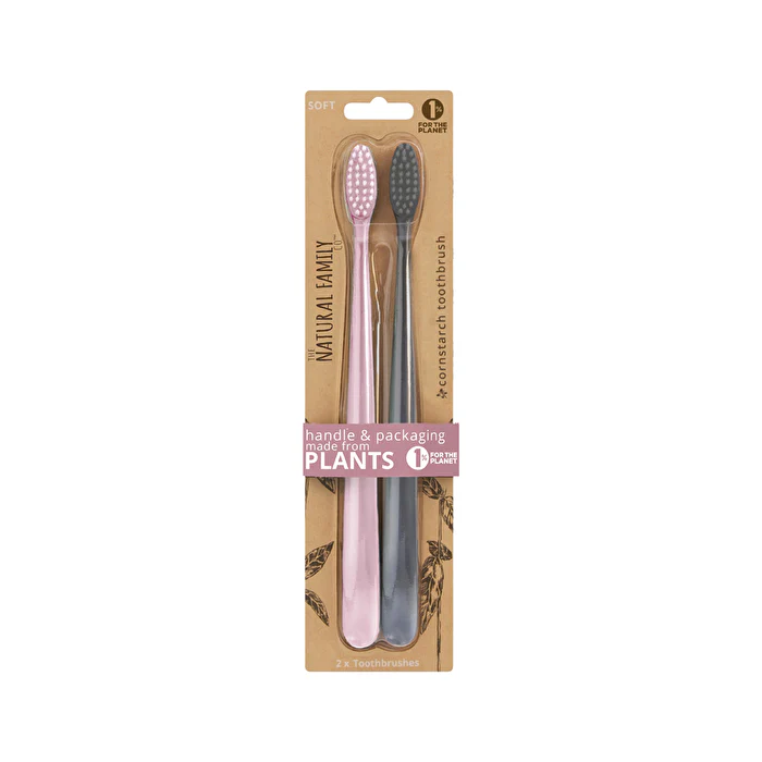 The Natural Family Co . Bio Toothbrush Pastel Mixed Colours x (contains: Up To 5 Different Pastel (Twin Pack) - Colours selected at Random 2 Pack - Olabens