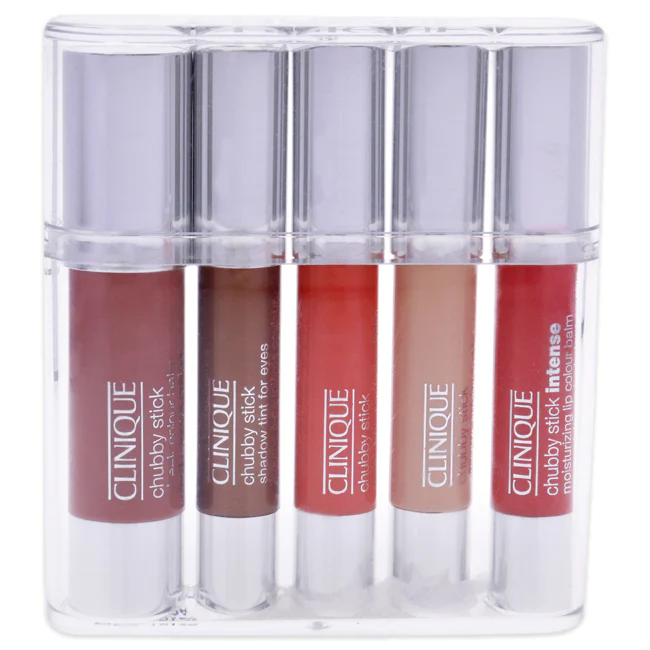 Clinique Chubby Sticks For Cheeks, Eyes & Lips Set by Clinique for Women - 5 Pc Set 0.10oz Chubby Stick Shadow Tint For Eyes - Bountiful Beige (01), 0.10oz Chubby Stick Shadow Tint For Eyes - Fuller Fudge (03), 0.10oz Chubby Stick Intense Moisturizin - Olabens