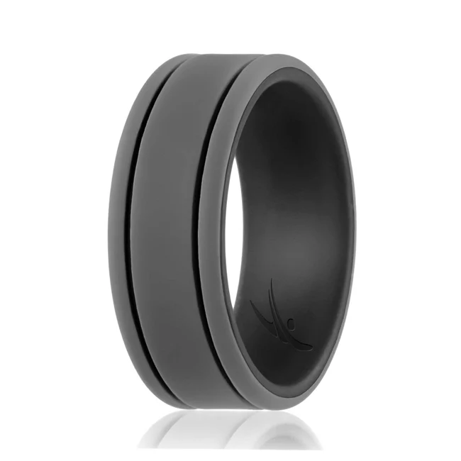 Silicone Wedding Ring - Duo Collection 2 Thin Lines - Black-Grey by ROQ for Men - 10 mm Ring - Olabens
