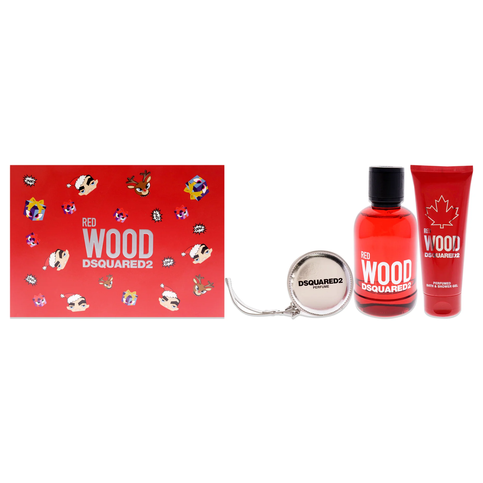 Red Wood by Dsquared2 for Women - 3 Pc Gift Set 3.4oz EDT Spray, 3.4oz Perfumed Bath and Shower Gel, Silver Round Purse - Olabens