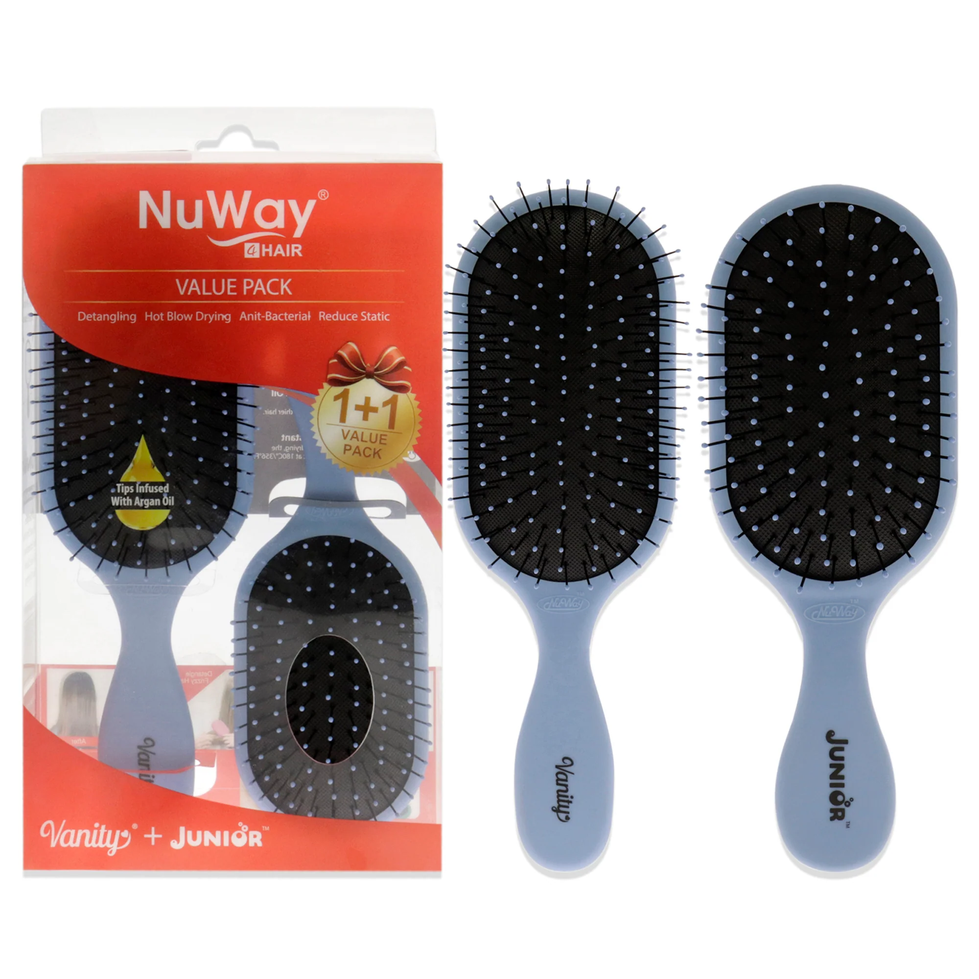 Vanity and Junior Pro Hair Dryer Safe-Reduced Static Set - Blue by NuWay 4Hair for Unisex - 2 Pc Hair Brush - Olabens