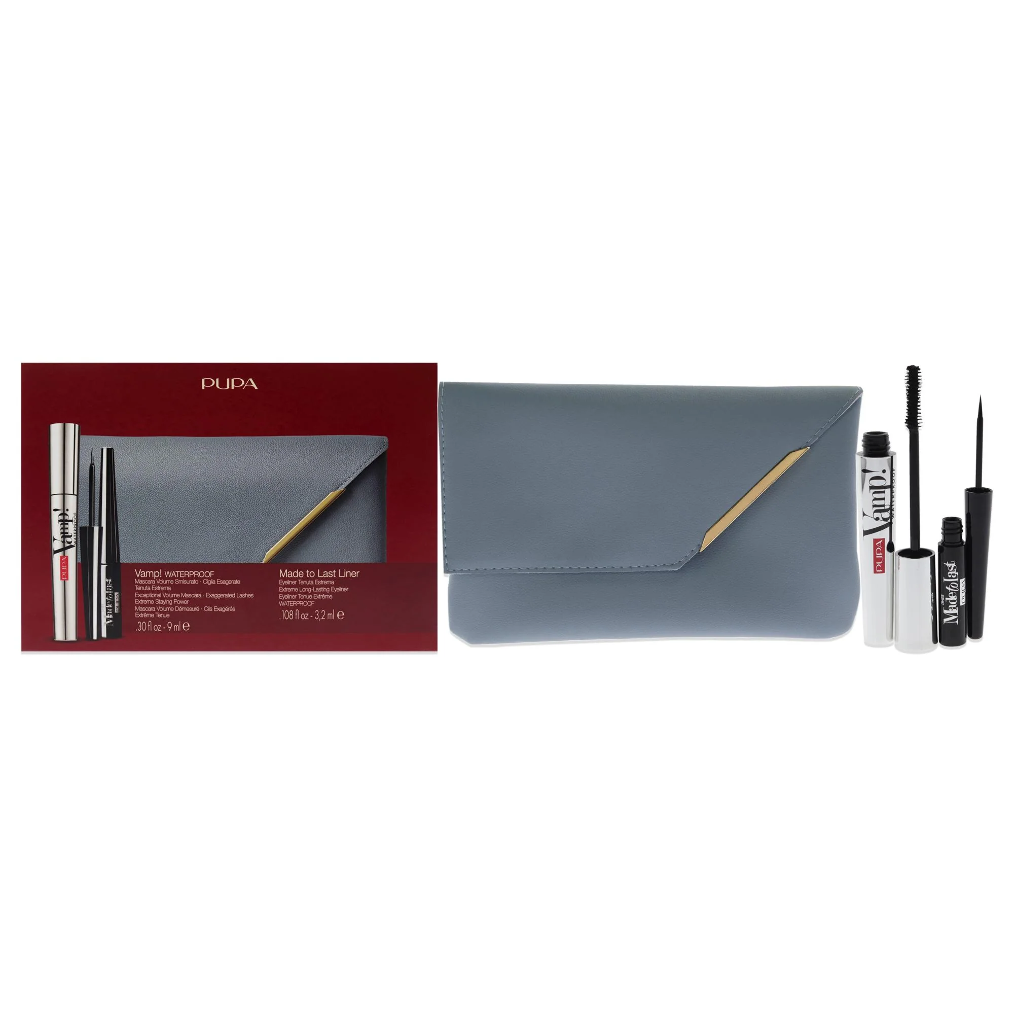 Vamp! Mascara Waterproof and Made to Last Liner Set by Pupa Milano for Women - 3 Pc 0.30oz Vamp! Mascara Waterproof - 001 Black, 0.108oz Made to Last Liner - 001 Black, Handy Bag - Olabens