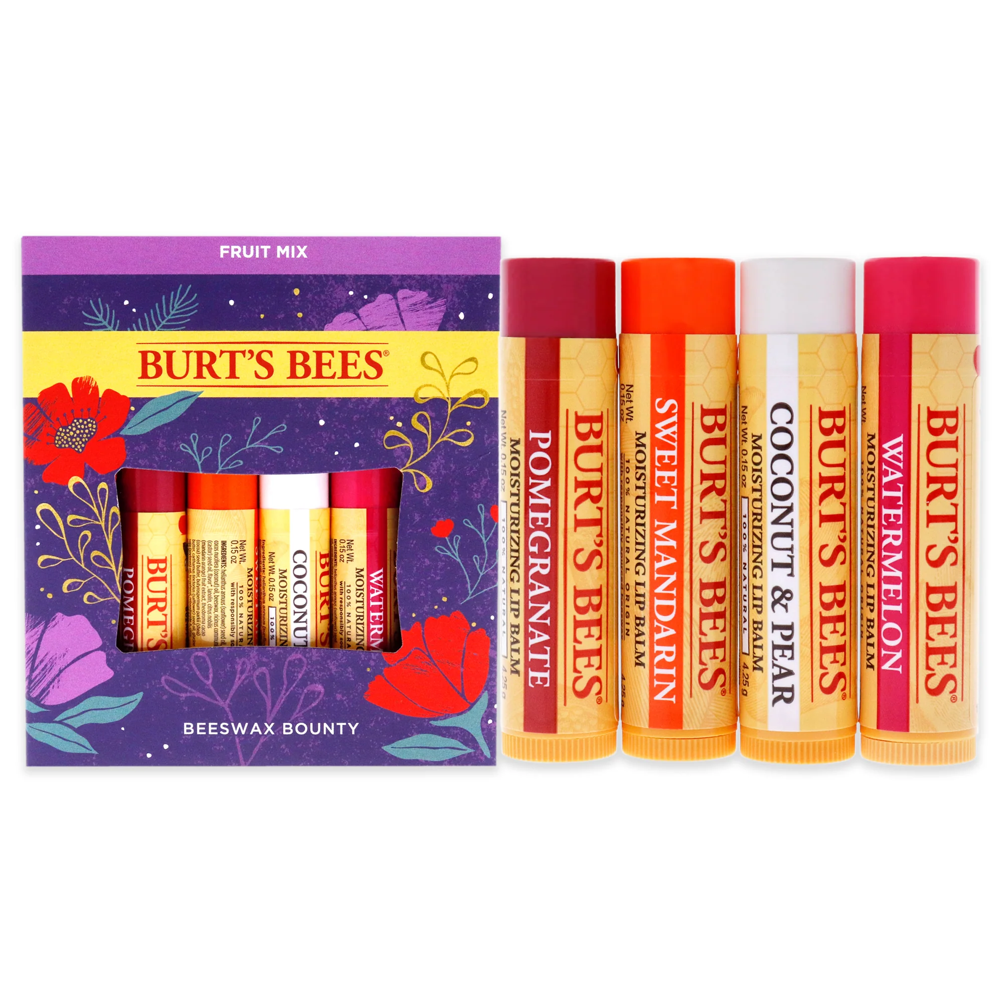 Burt's Bees Beeswax Bounty Kit - Fruit Mix by Burts Bees for Unisex - 4 x 0.15 oz 2021 - Lip Balm Sweet Mandarin , Watermelon, Coconut and Pear, Pomegranate - Olabens