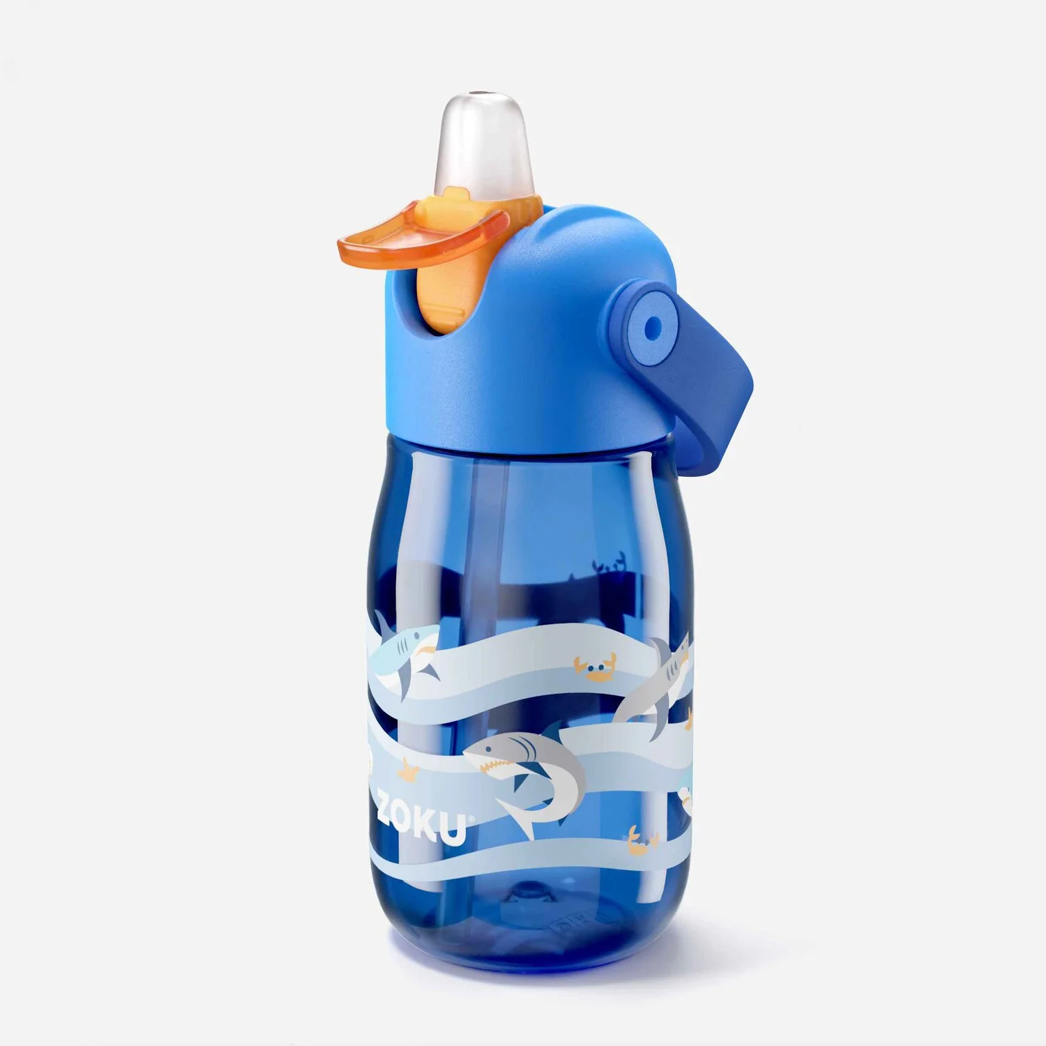 ZOKU Kids Flip Straw Bottle  400ml - Blue Shark (Straw Cleaning Brush Included)  Fixed Size - Olabens