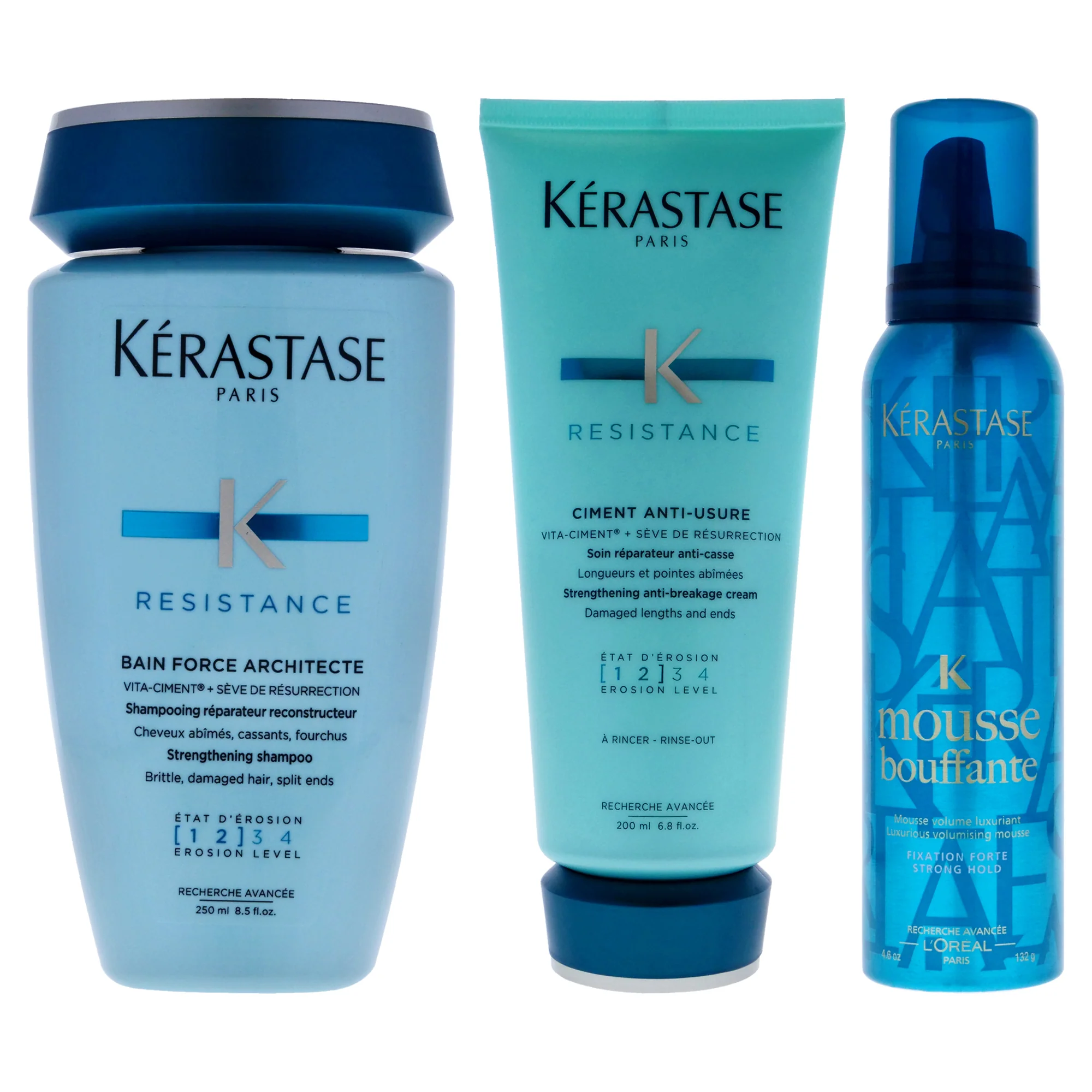 Resistance Ciment Anti-Usure Treatment and Bain Force Architecte Shampoo with Mousse Bouffante Luxurious Volumising Mousse Strong Hold Kit by Kerastase for Unisex - 3 Pc Kit 6.8oz Conditioner, 8.5oz Shampoo, 4.6oz Mousse - Olabens