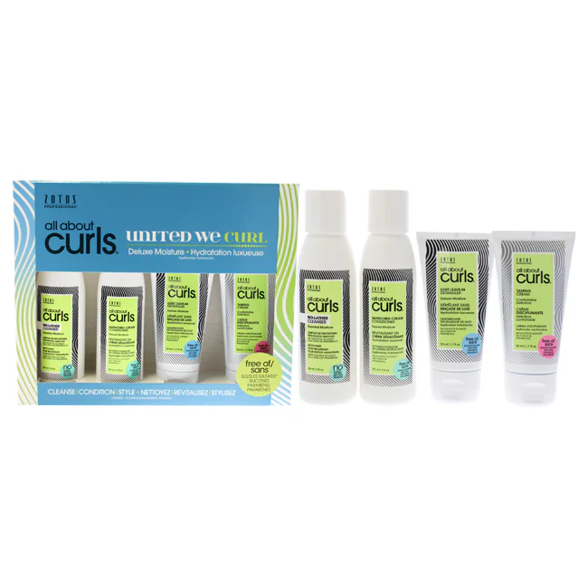 All About Curls Deluxe Moisture Kit by All About Curls for Unisex - 4 Pc 3oz No-Lather Cleanser, 3oz Quenched Cream Conditioner, 1.7oz Luxe Leave-In Detangler, 1.7oz Taming Cream - Olabens