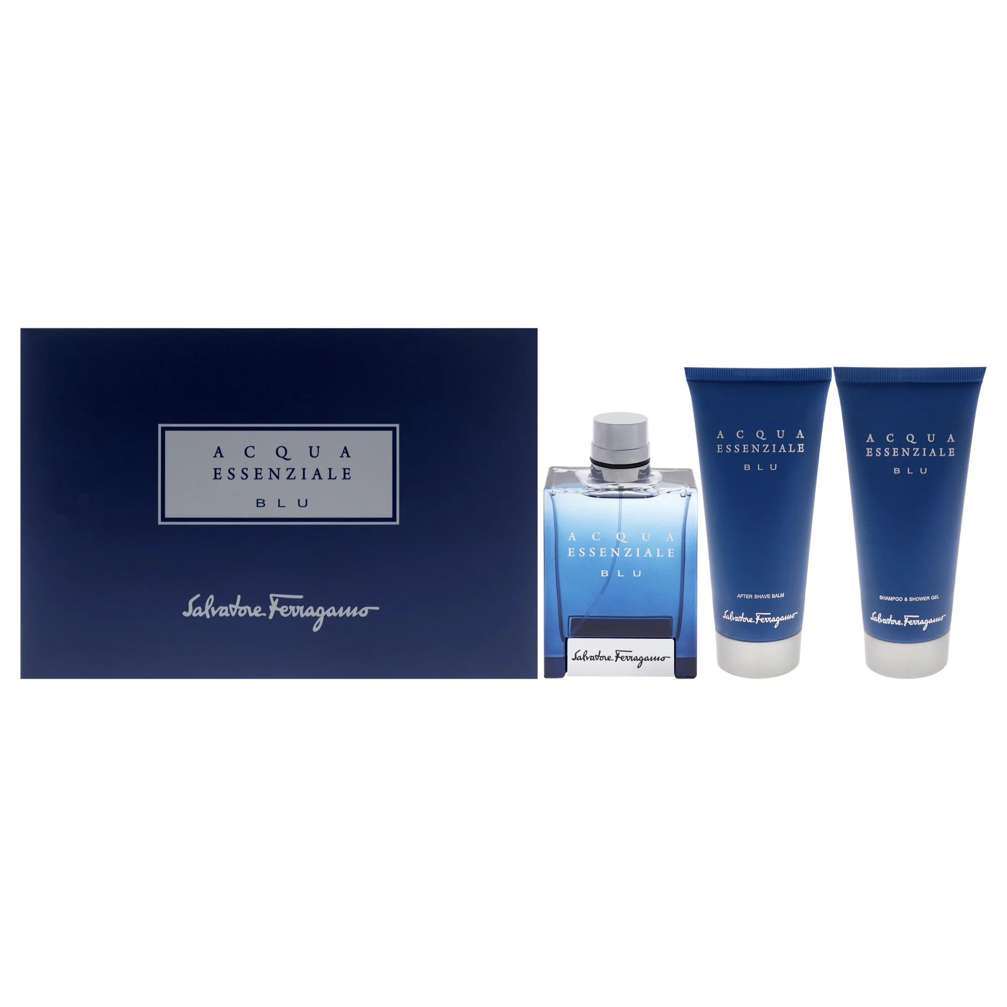 Acqua Essenziale Blu by Salvatore Ferragamo for Men - 3 Pc Gift Set 3.4oz EDT Spray, 3.4oz Shower Gel, 3.4oz After Shave Balm - Olabens