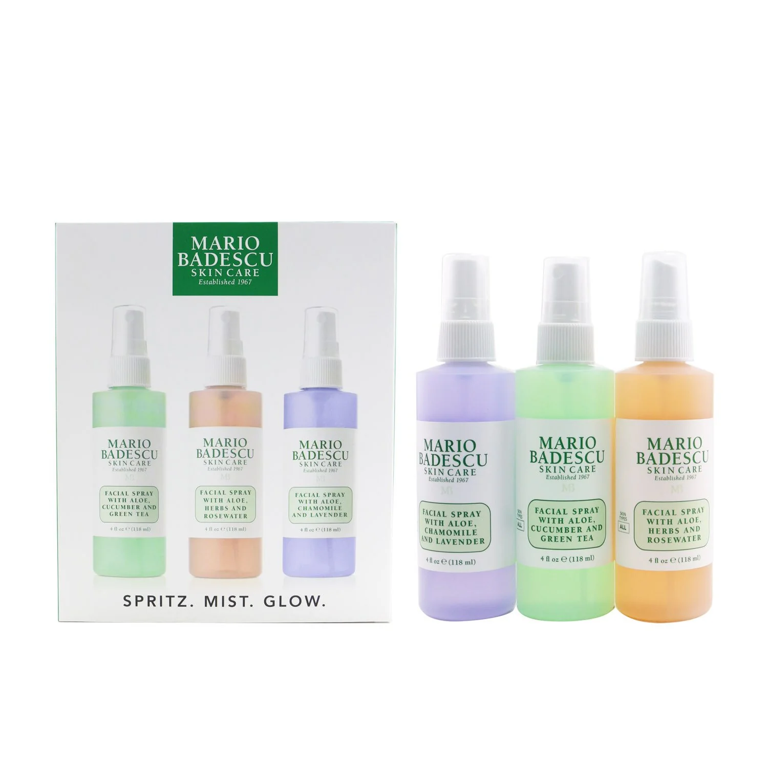 Mario Badescu Spritz. Mist. Glow. Set: Facial Spray With Aloe, Cucumber And Green Tea +  Facial Spray With Aloe, Herbs & Rosewater + Facial Spray With Aloe, Chamomile & Lavender  3x 118ml/4oz - Olabens