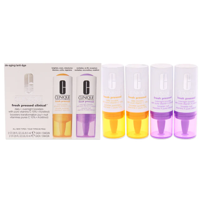 Clinique Fresh Pressed Clinical Daily Overnight Boosters by Clinique for Unisex - 2 Pc 0.29oz Daily Booster With Pure Vitamin C 10 Percent, 0.20oz Overnight Boster With Pure Vitamin A - Olabens