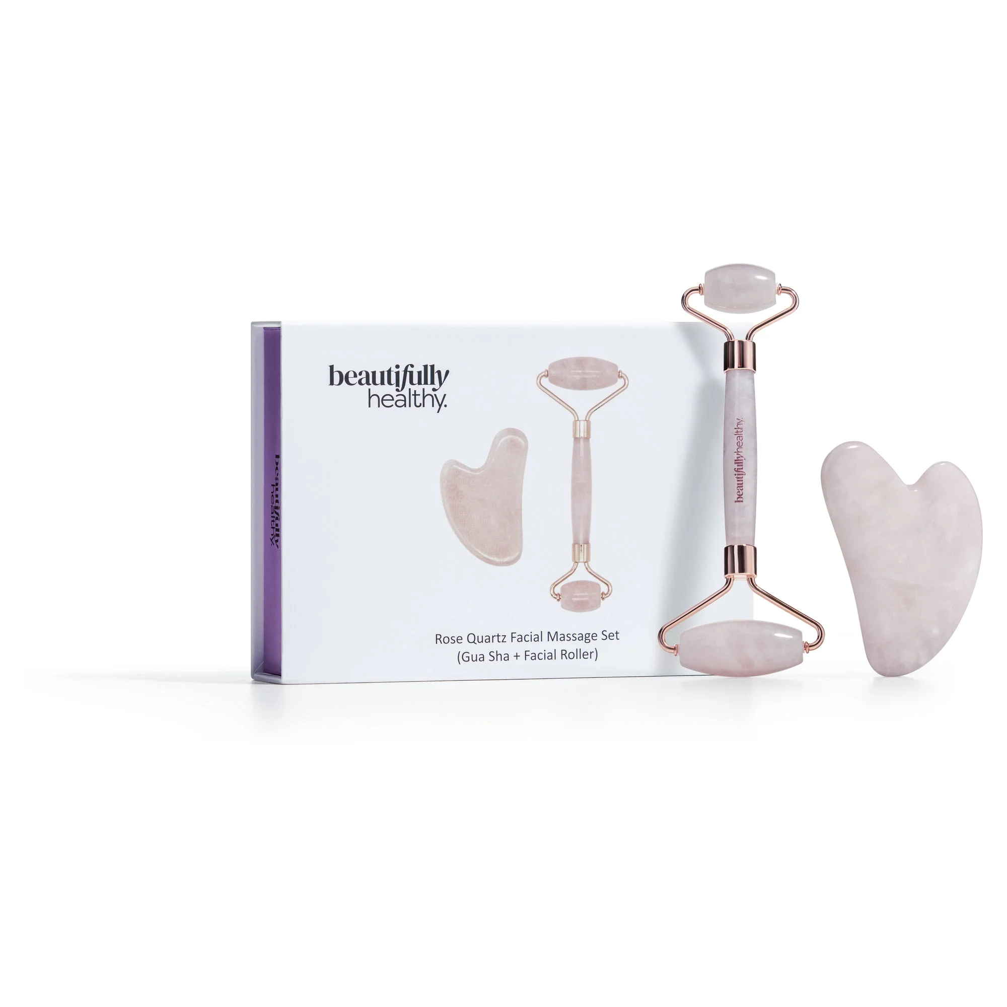 Beautifully Healthy Rose Quartz Massage Set (Gua Sha Stone And Roller) - Olabens