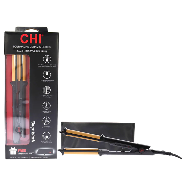 CHI Tourmaline Ceramic 3-In-1 Hairstyling Flat Iron CA2222 - Onyx black by CHI for Unisex - 0.75 Inch Flat Iron - Olabens