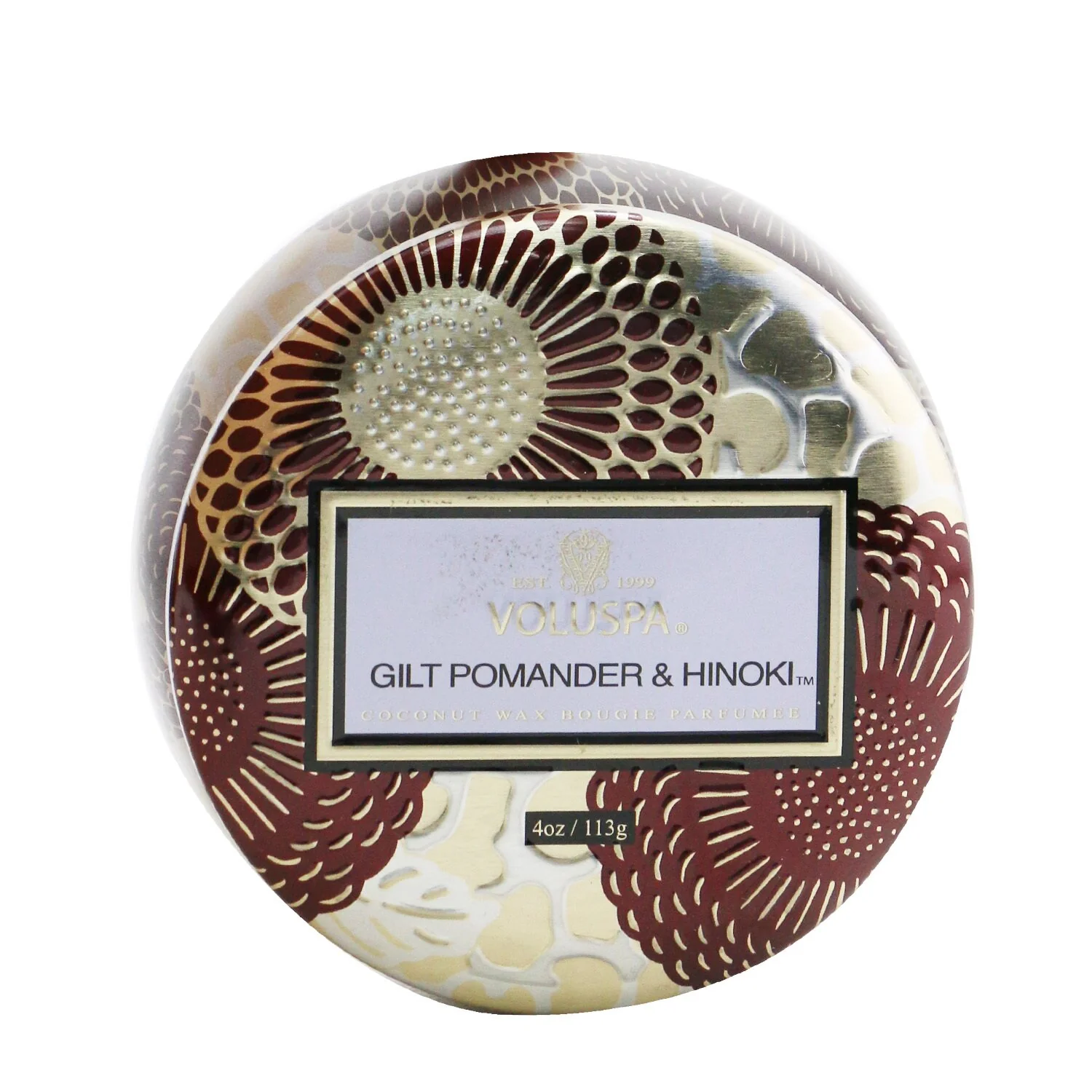 Voluspa Mini Tin Candle - Gilt Pomander & Hinoki  113g/4oz - Olabens