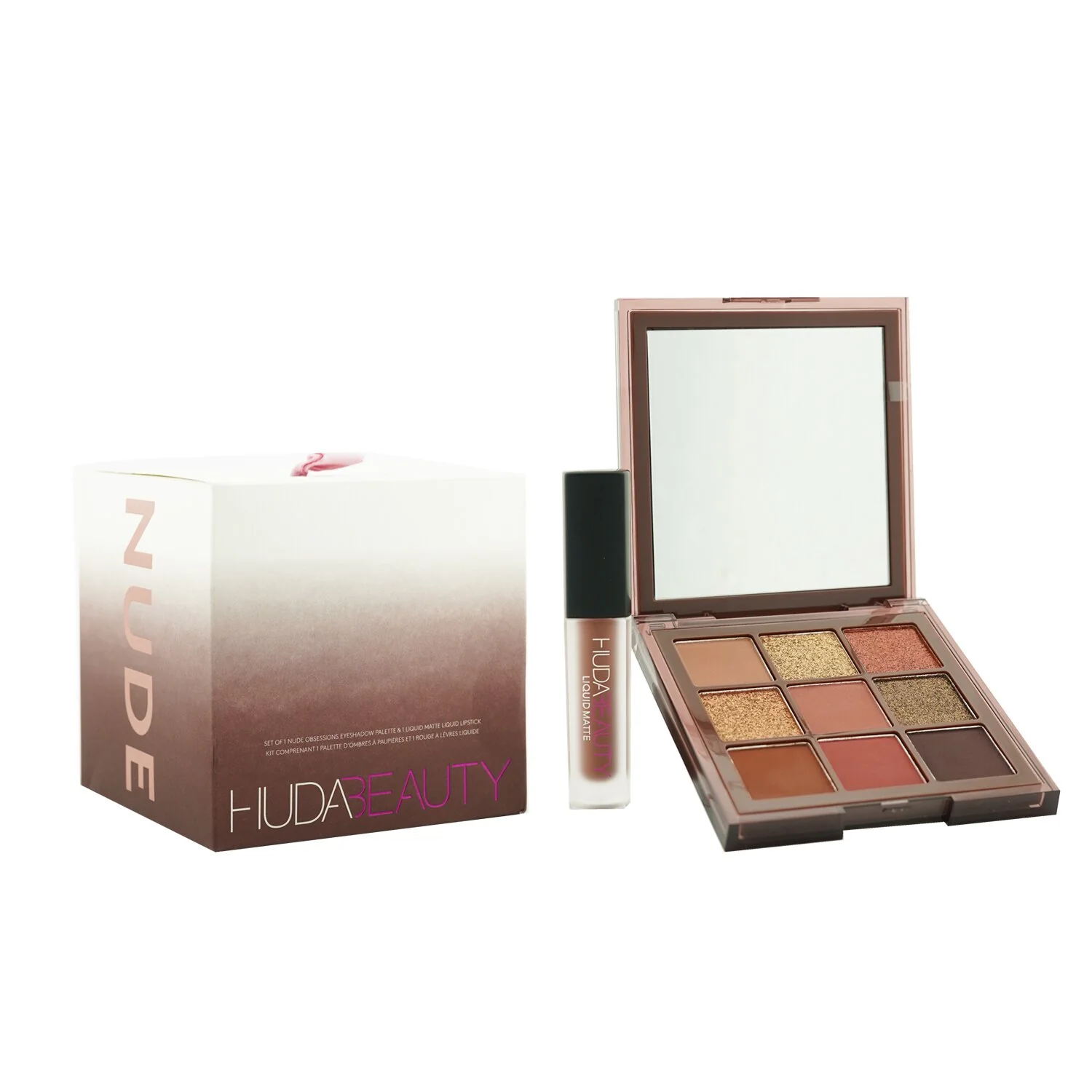 Huda Beauty Mini Nude Holiday Set (1x Nude Obsessions Eyeshadow Palette + 1x Liquid Matte Lipstick) - # Rich/ Spice Girl  2pcs - Olabens