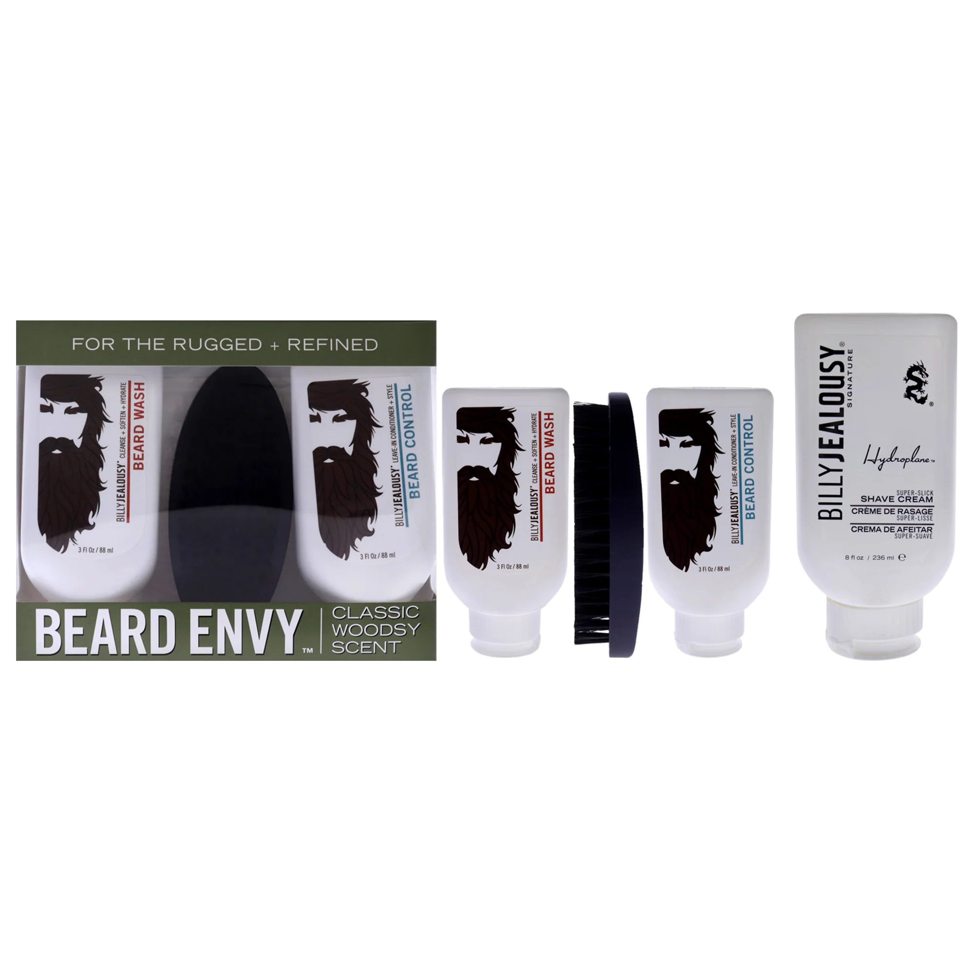 Beard Envy and Hydroplane Super-Slick Shave Cream Kit by Billy Jealousy for Men 4 Pc Kit 3oz Beard Wash, 3oz Beard Control, Brush, 8oz Shave Cream - Olabens