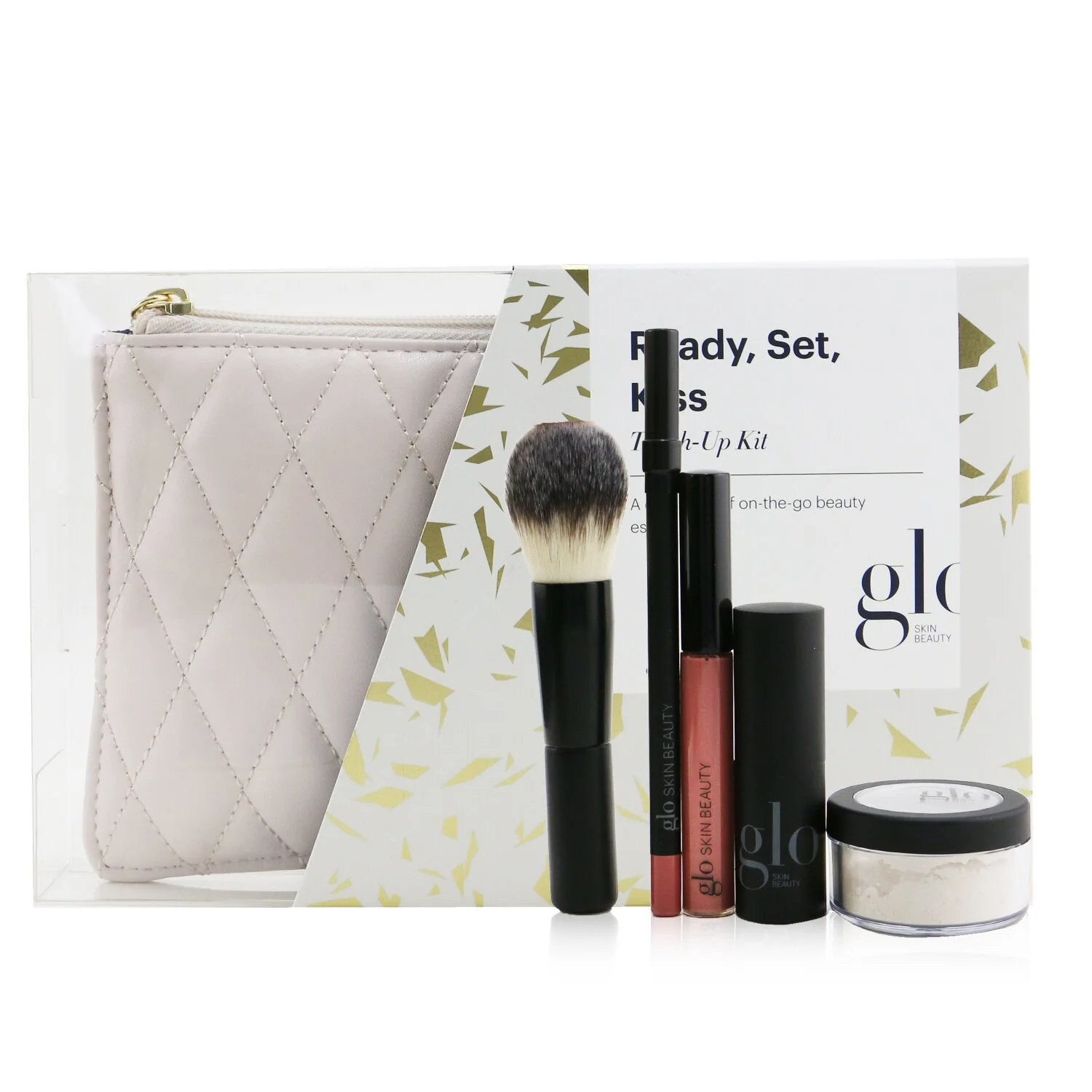 Glo Skin Beauty Ready, Set, Kiss Touch Up Kit (1x Mini Setting Powder, 1x Lip Pencil, 1x Lipstick, 1x Lip Gloss, 1x Brush)  5pcs+1bag - Olabens