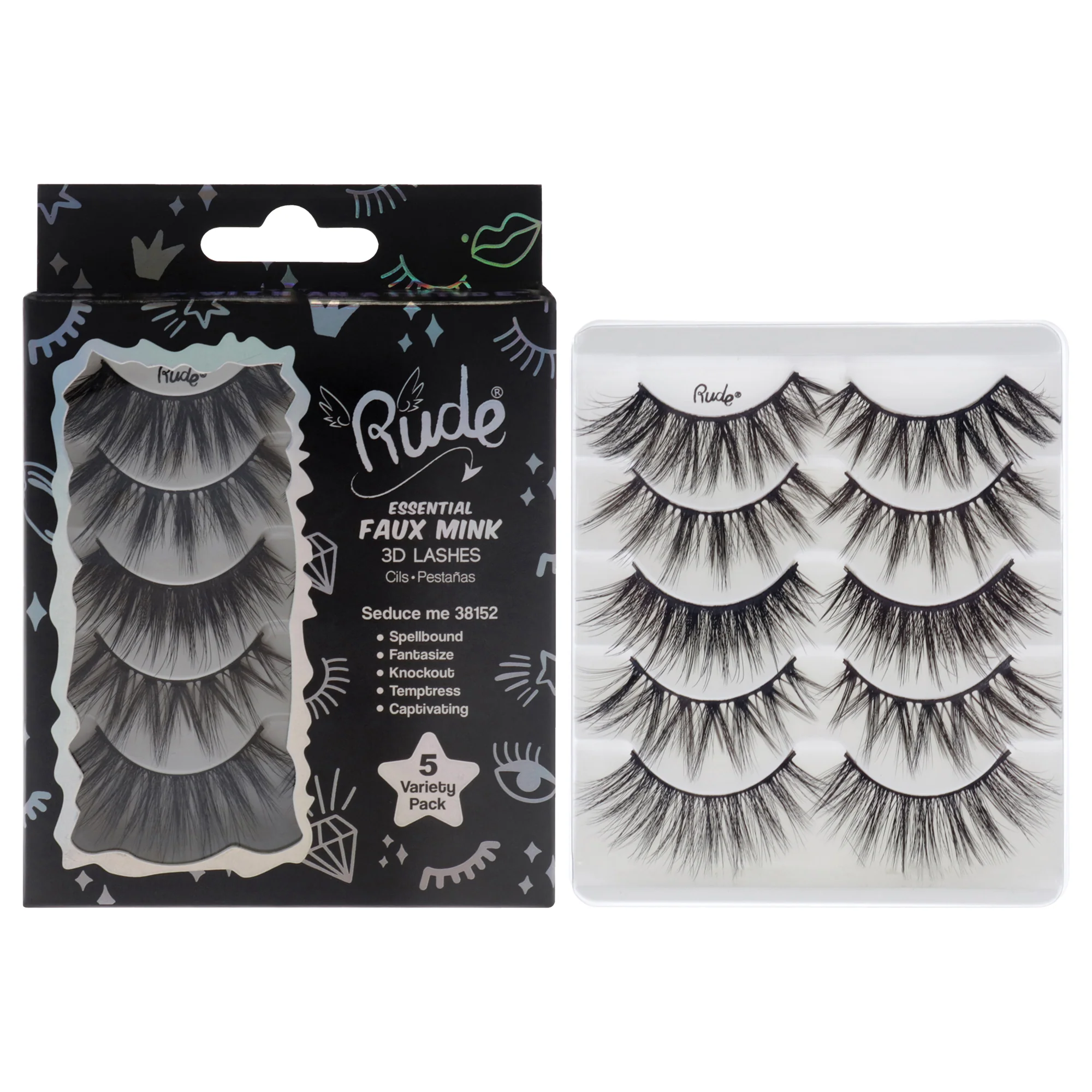 Essential Faux Mink 3D Lashes - Seduce Me by Rude Cosmetics for Women - 5 Pair Eyelashes - Olabens
