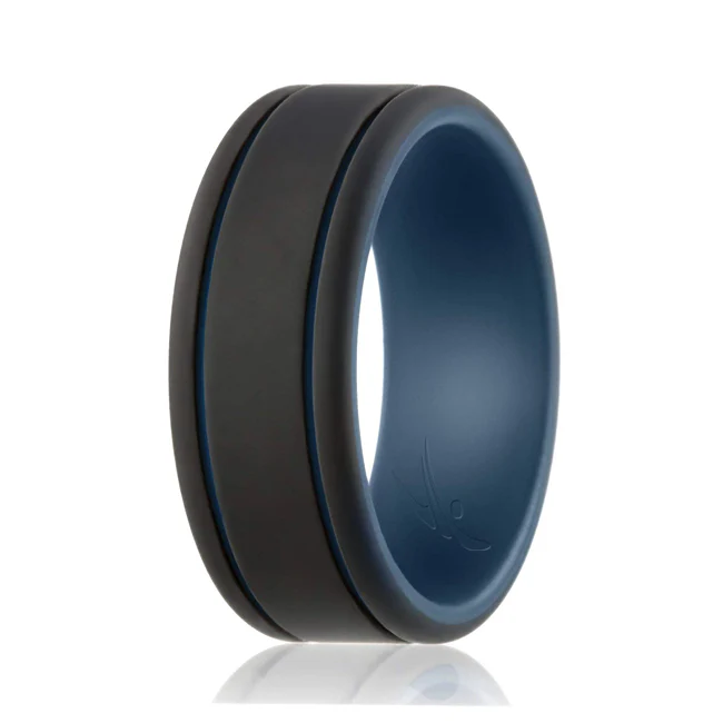 Silicone Wedding Ring - Duo Collection 2 Thin Lines - Blue-Black by ROQ for Men - 16 mm Ring - Olabens