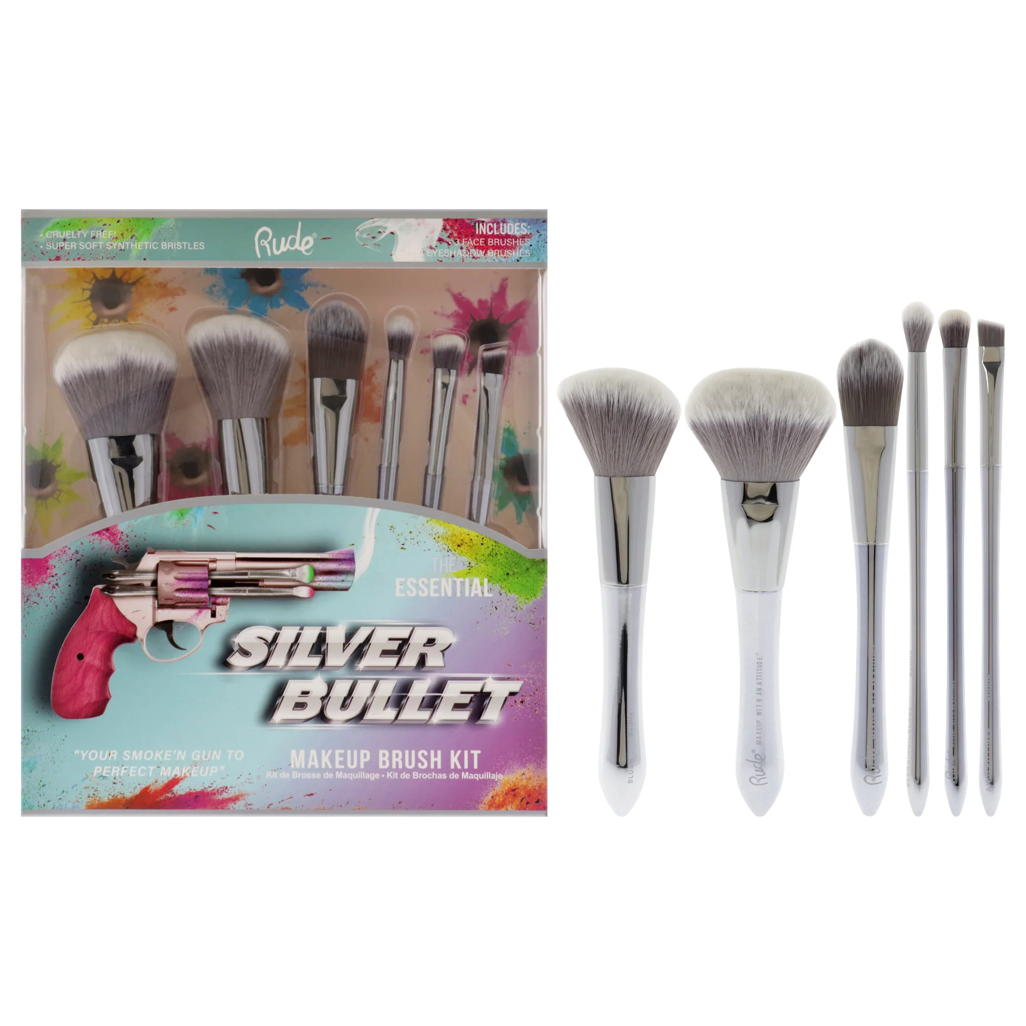 Silver Bullet Makeup Brush Kit by Rude Cosmetics for Women - 6 Pc Beretta Powder Brush, Glock Blush Brush, Remington Foundation Brush,Shotgun Eyeshadow Brush, Revolver Blending Brush,Browning Angled Liner - Olabens