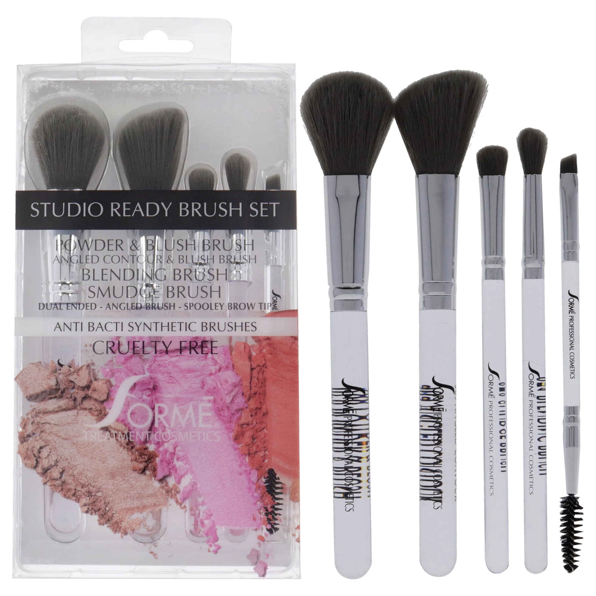 Professional Brush Set - Studio Ready by Sorme Cosmetics for Women - 5 Pc Powder and Blush Brush, Angled Contour and Blush Brush, Smudge Brush, Blending Brush, Dual Ended Angled Brush - Olabens