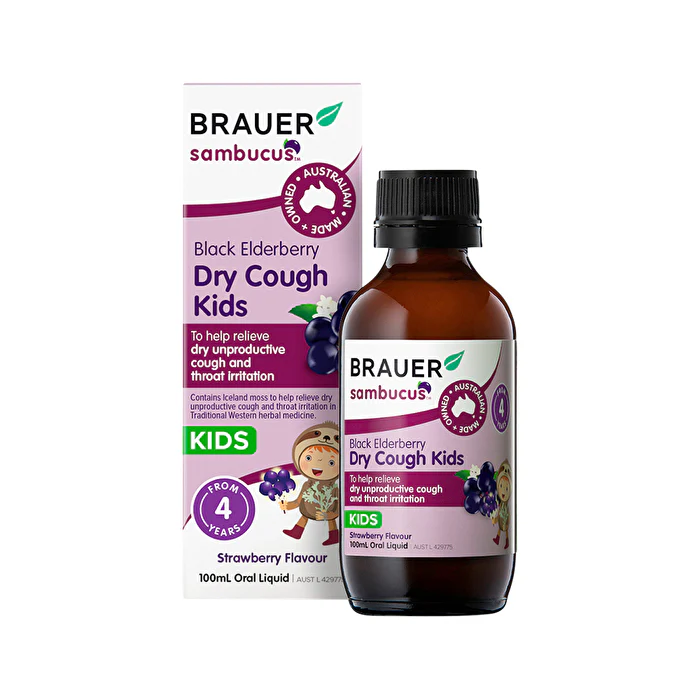 Brauer Sambucus Black Elderberry Kids Dry Cough Strawberry Flavour Oral Liquid 100ml - Olabens