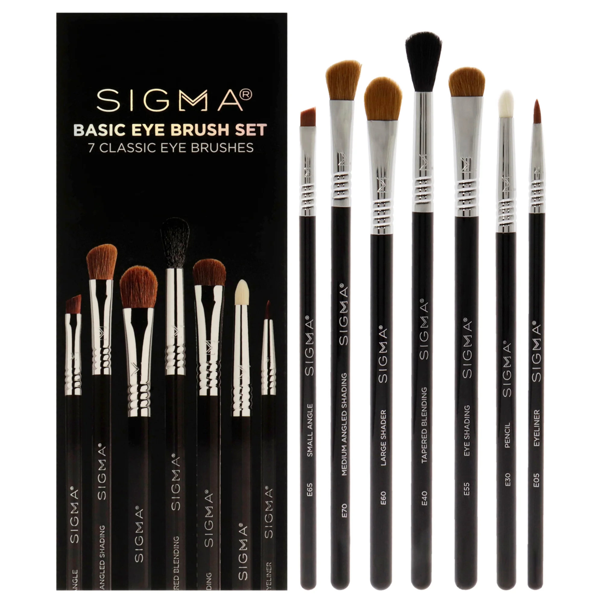 SIGMA Basic Eyes Brush Set by SIGMA for Women - 7 Pc E05 - Eyeliner Brush, E30 - Pencil Brush, E40 - Tapered Blending Brush, E55 - Eye Shading Brush, E60 - Large Shader Brush, E65 - Small Angle Brush, E70 - Medium Angled Shading Brush - Olabens