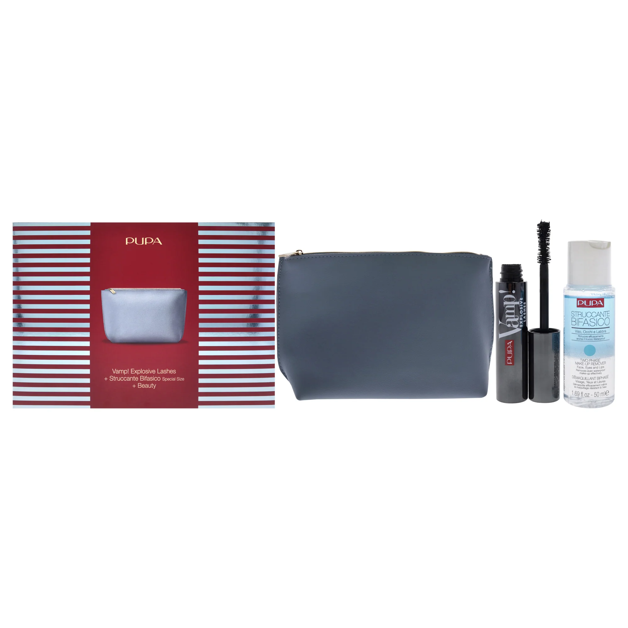 Vamp! Explosive Lashes and Two-Phase Make-Up Remover Set by Pupa Milano for Women - 3 Pc 0.40oz Vamp! Explosive Lashes - 110 Black, 1.69oz Two-Phase Make-Up Remover, Beauty Bag - Olabens