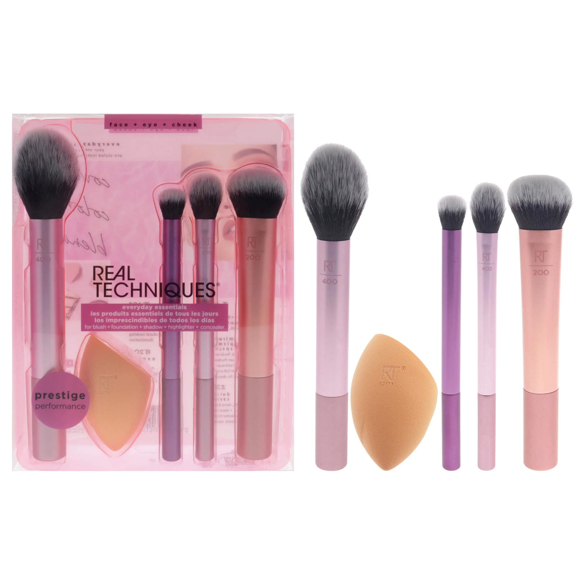 Real Techniques Everyday Essential Set by Real Techniques for Women - 5 Pc Blush Brush - 400, Miracle Complexion Sponge, Deluxe Crease Brush - 300, Setting Brush - 402, Expert Face Brush - 200 - Olabens
