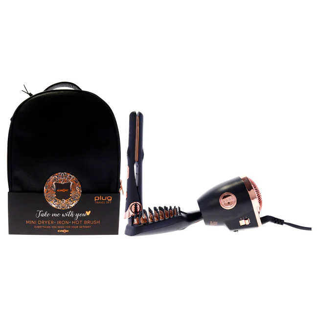 Croc Plug In Travel Kit - Rose Gold by Croc for Unisex - 3 Pc Mini Flat Iron, Mini Hot Brush, Mini Blow Dryer - Olabens