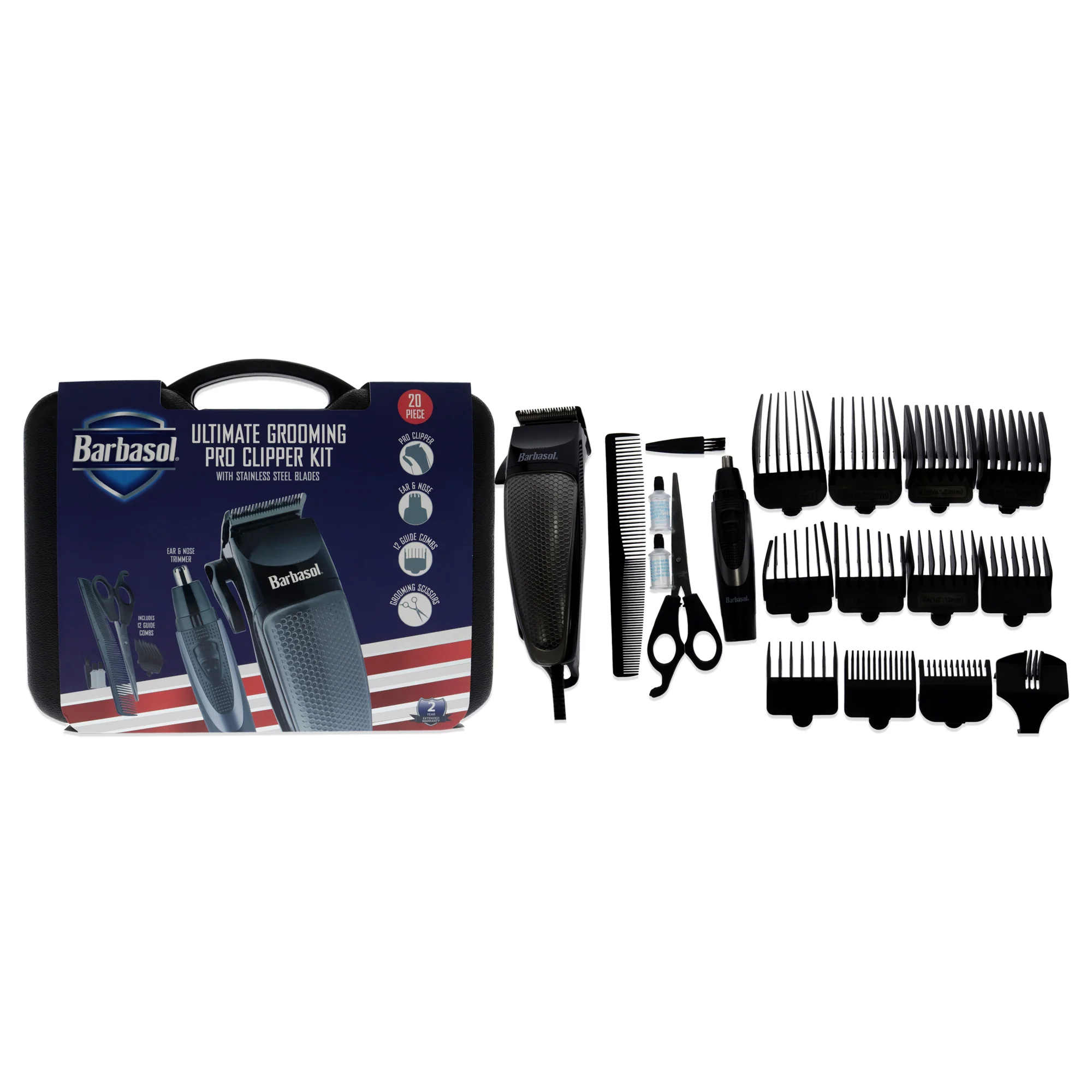 Ultimate Grooming Pro Clipper Kit - Black by Barbasol for Men - 20 Pc Pro Clipper, Ear Trimmer, Nose Trimmer, 12 Guide Combs, Scissors, Comb, Lubricating Oil, Cleaning Brush, Hair Comb - Olabens