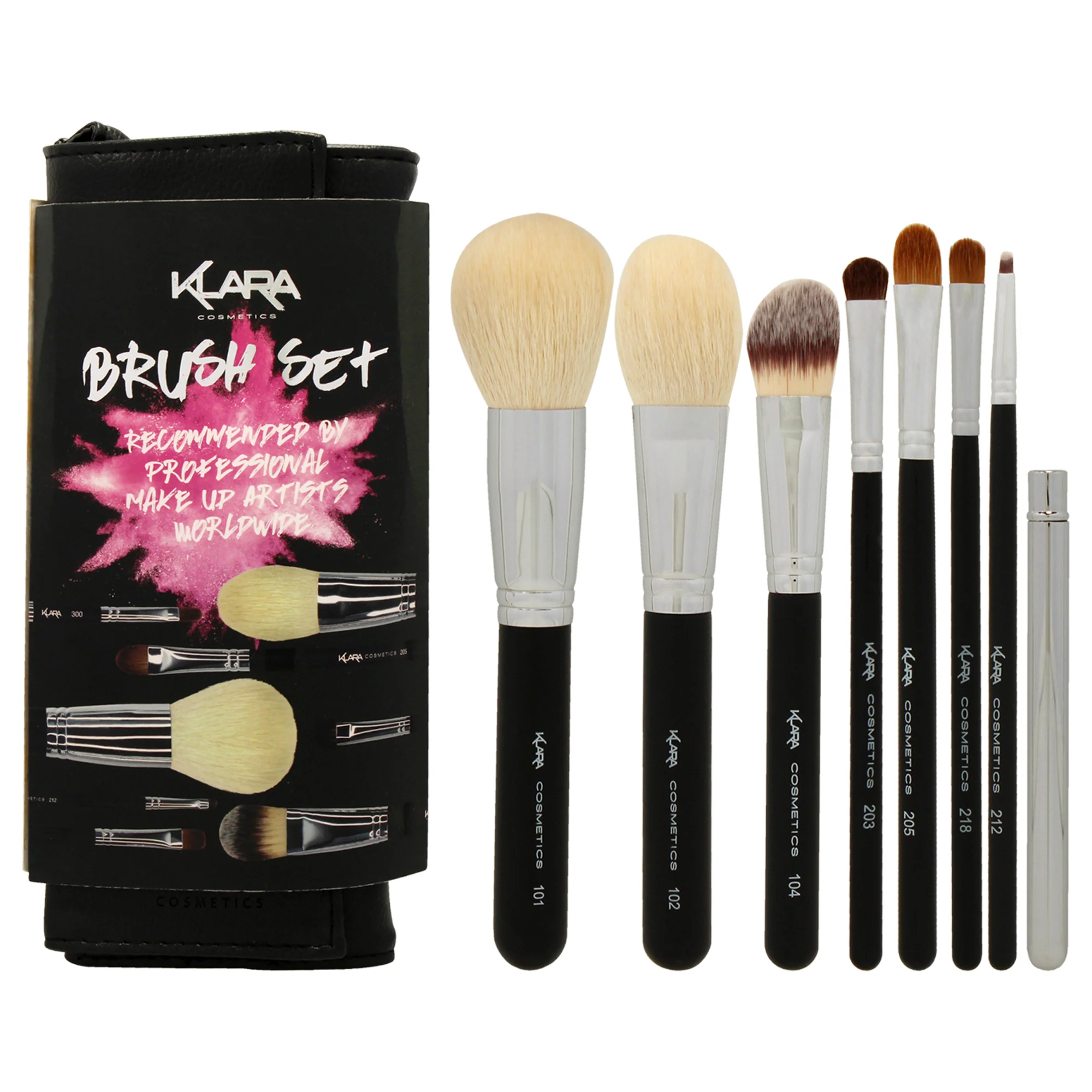 Brush Set by Klara for Women - 8 Pc Powder Face Brush, Tapered Contour Brush, Liquid Foundation Brush, Wide Shadow Brush, Blending Crease Brush, Short Shadow Brush, Precision Eye Brush, Precision Lip Brush - Olabens