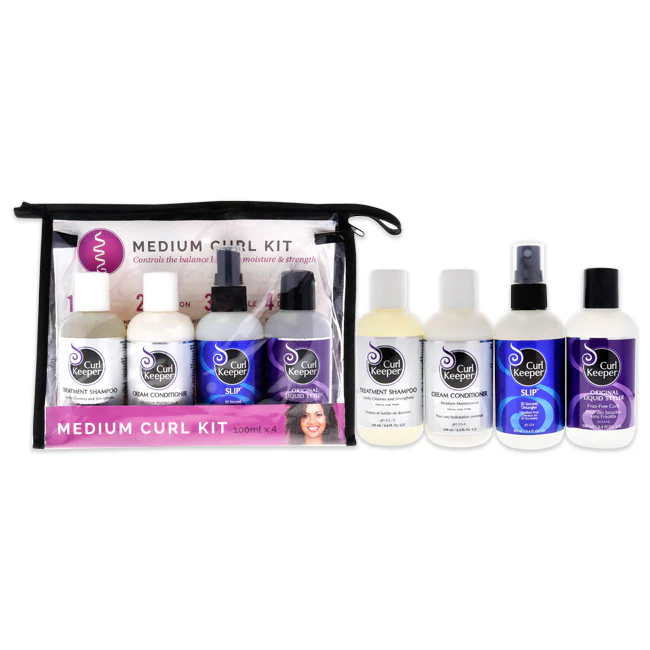 Curl Keeper Medium Curl Kit by Curl Keeper for Unisex - 4 Pc Set 3.4oz Treatment Shampoo, 3.4oz Cream Conditioner Moisture Maintenance, 3.4oz Original Liquid Styler, 3.4oz Slip 30 Second Detangler - Olabens