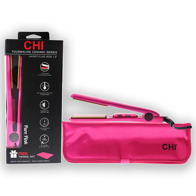 CHI Tourmaline Ceramic Hairstyling Flat Iron CA1175 - Pure Pink by CHI for Unisex - 1.5 Inch Flat Iron - Olabens