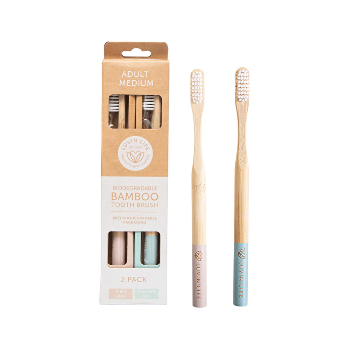 Luvin Life Luvin' Life Biodegradable Bamboo Toothbrush Adult Medium (2 Colour Pack) Pink Lake & Summer Sky x 2 Pack - Olabens