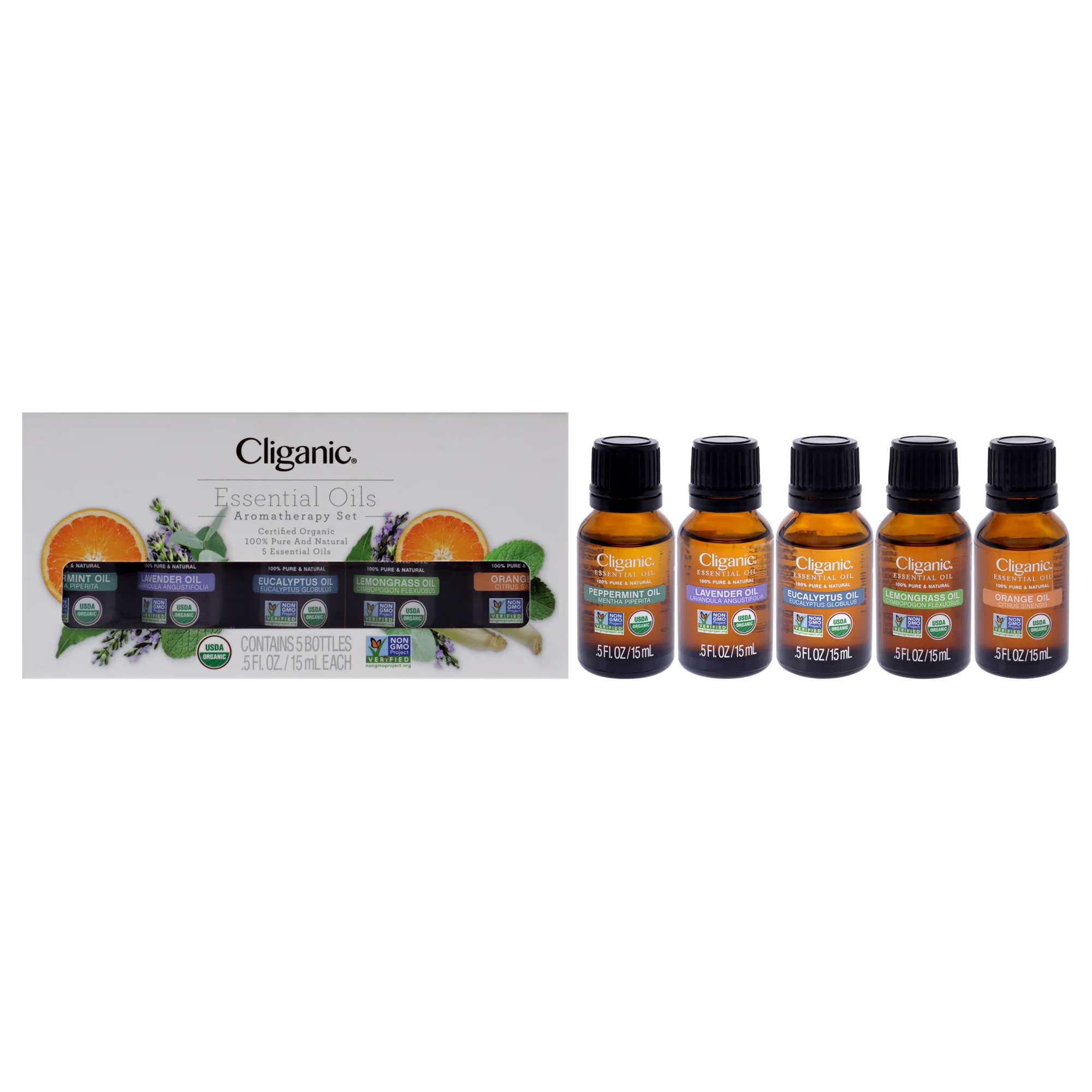 Cliganic Organic Aromatherapy Set by Cliganic for Unisex - 5 Pc 0.5oz Oil - Peppermint, 0.5oz Oil - Lavender, 0.5oz Oil - Eucalyptus, 0.5oz Oil - Lemongrass, 0.5oz Oil - Orange - Olabens