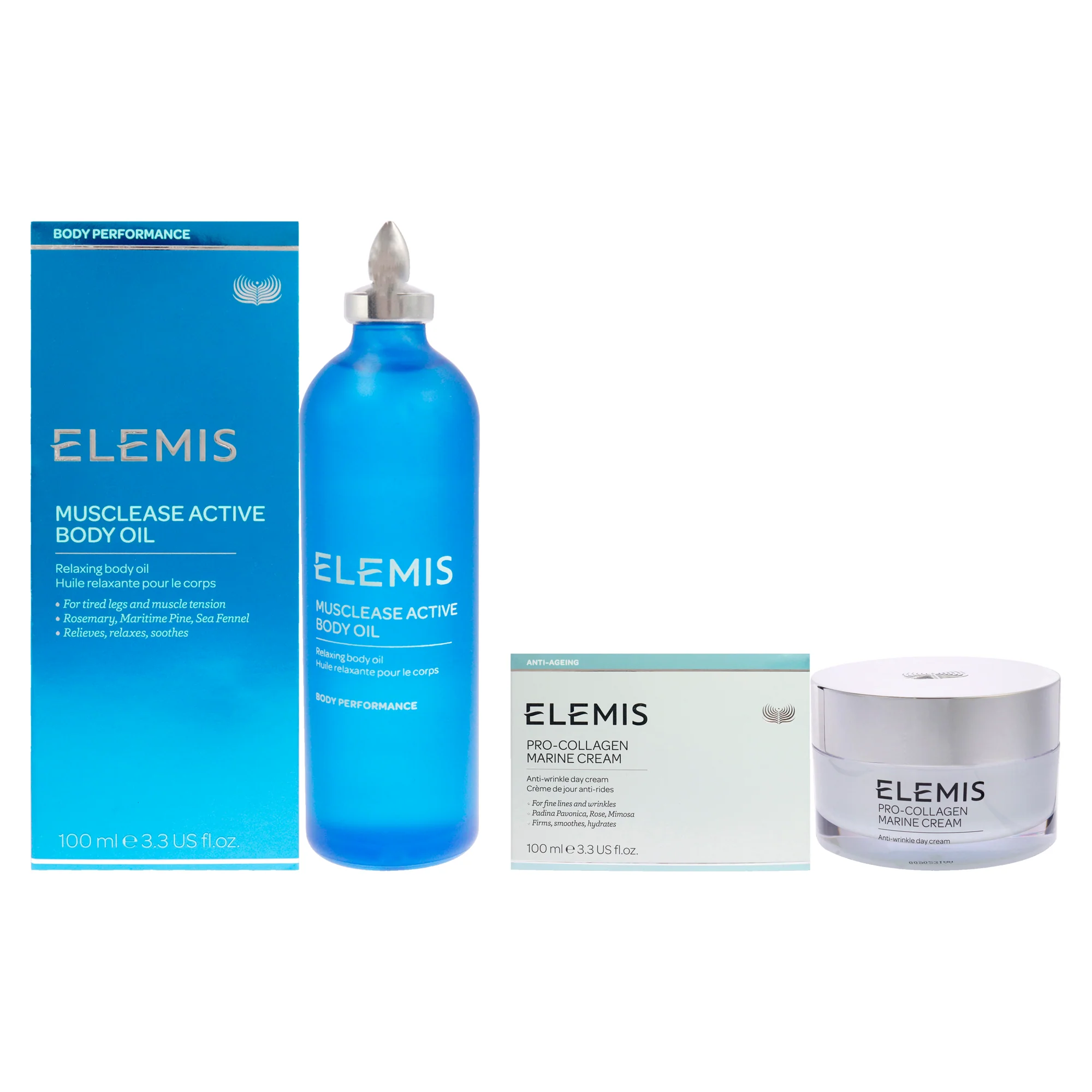 Musclease Active Body Oil and Pro-Collagen Marine Cream Kit by Elemis for Unisex - 2 Pc Kit 3.4oz Body Oil, 3.3oz Anti-Age Cream - Olabens