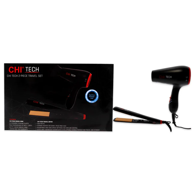 CHI Chi Tech Travel Set by CHI for Unisex - 2 Pc 1400 Watts Hair Dryer, 0.75 Inch Hairstyling Flat Iron, Bag - Olabens