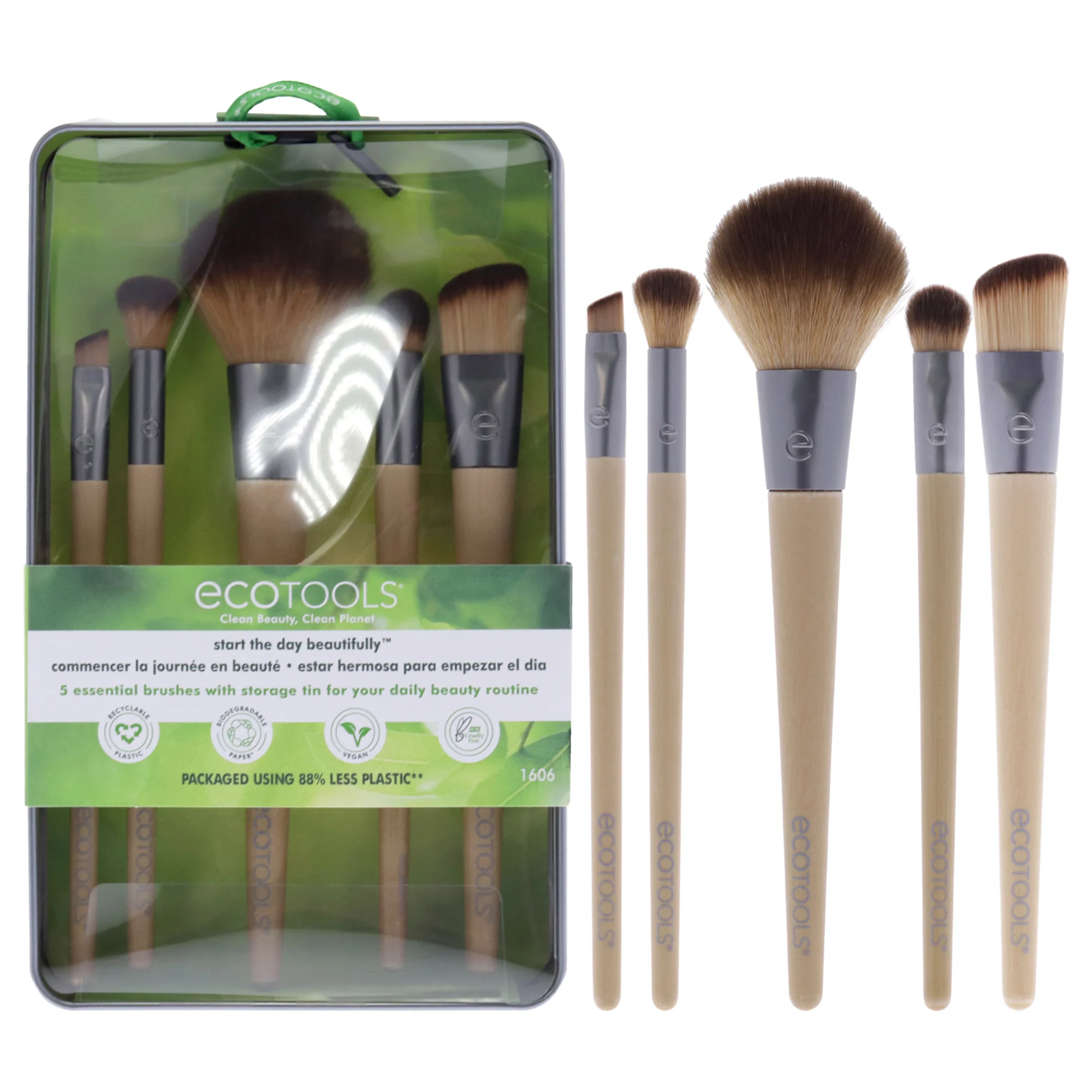 Ecotools Start The Day Beautifully Brush Kit by Ecotools for Women - 5 Pc Angled Foundation Brush, Blurring Brush, Defined Crease Brush, Angled Liner Brush, Full Blush Brush - Olabens