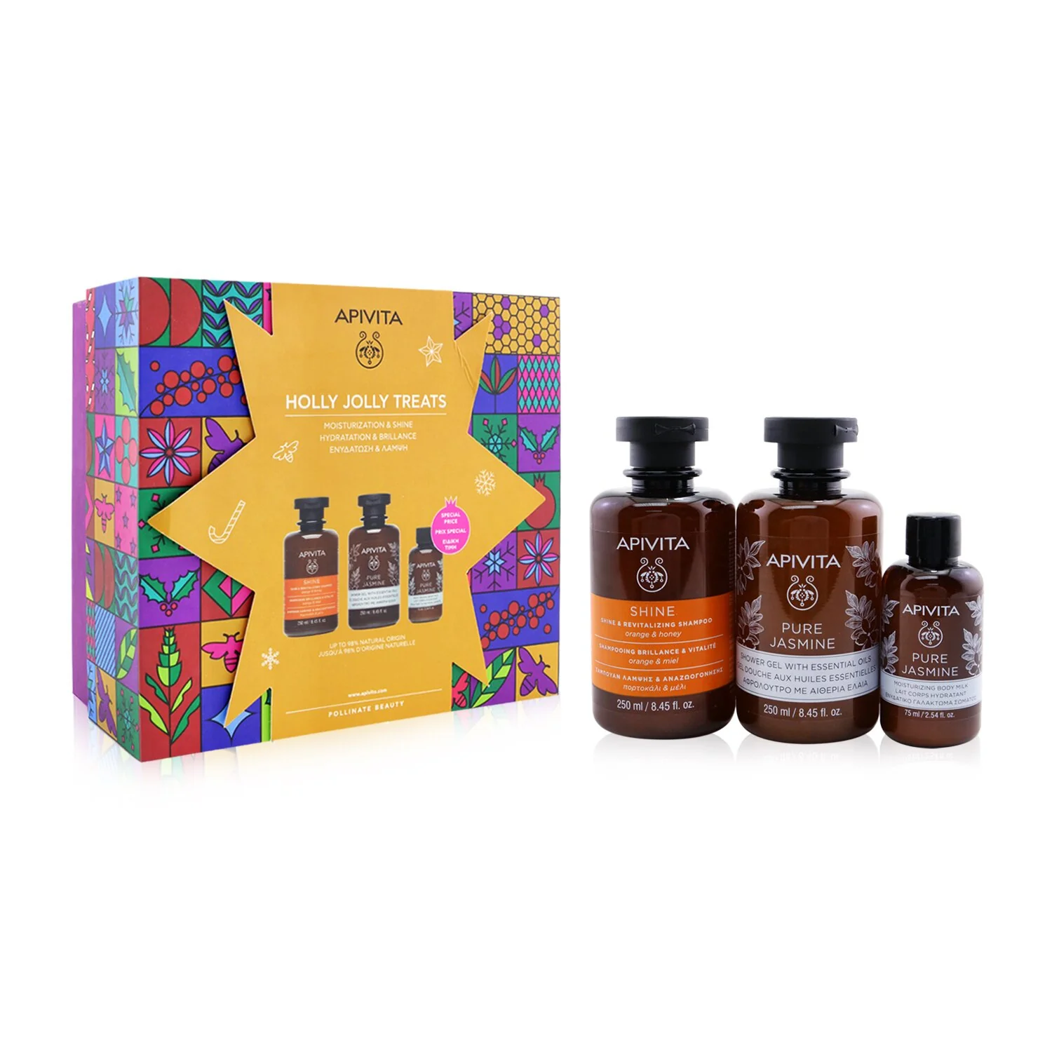 Apivita Holly Jolly Treats Set: Shine & Revitalizing Shampoo 250ml+ Pure Jasmine Shower Gel 250ml+ Pure Jasmine Body Milk 75ml  3pcs - Olabens