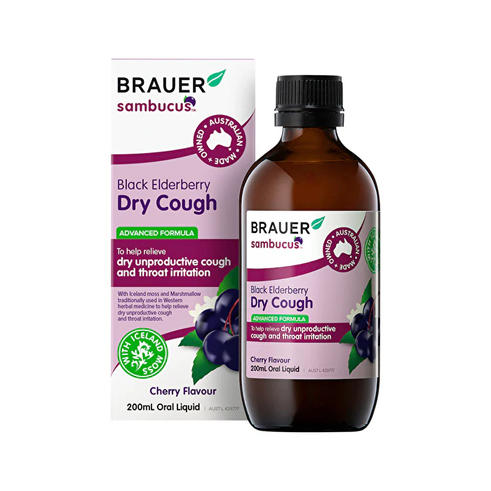 Brauer Sambucus Black Elderberry Dry Cough (Advanced Formula) Cherry Flavour Oral Liquid 200ml - Olabens