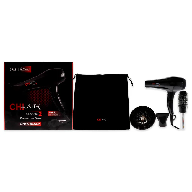 CHI Air Classic2 Ceramic Blow Dryer - CA2148 Onyx Black by CHI for Unisex - 3 Pc Set 1875 Watt Hair Dryer, 1 Pc Brush, Drawbag - Olabens