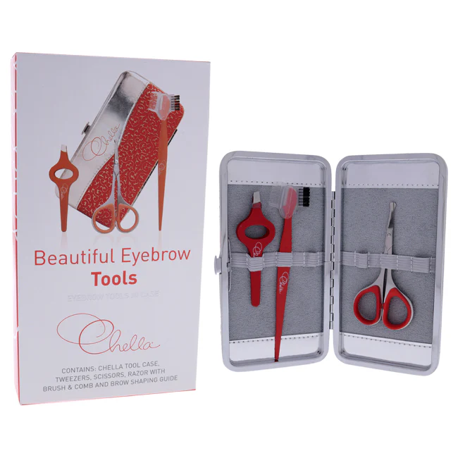Chella Eyebrow Tools In Case Kit by Chella for Women - 4 Pc Tweezers, Scissor, Razor with Brush and Comb, Tools In Case - Olabens