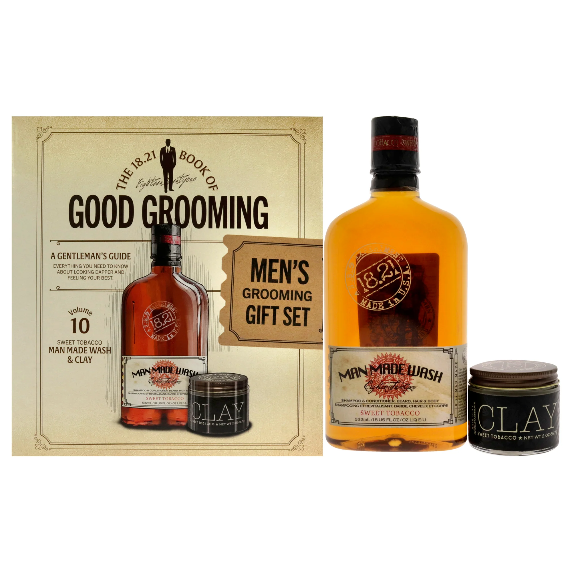 Book of Good Grooming Volume 10 Set - Sweet Tobacco by 18.21 Man Made for Men - 2 Pc 18oz Man Made Wash 3-In-1 Shampoo, Conditioner and Body Wash, 2oz Clay - Olabens